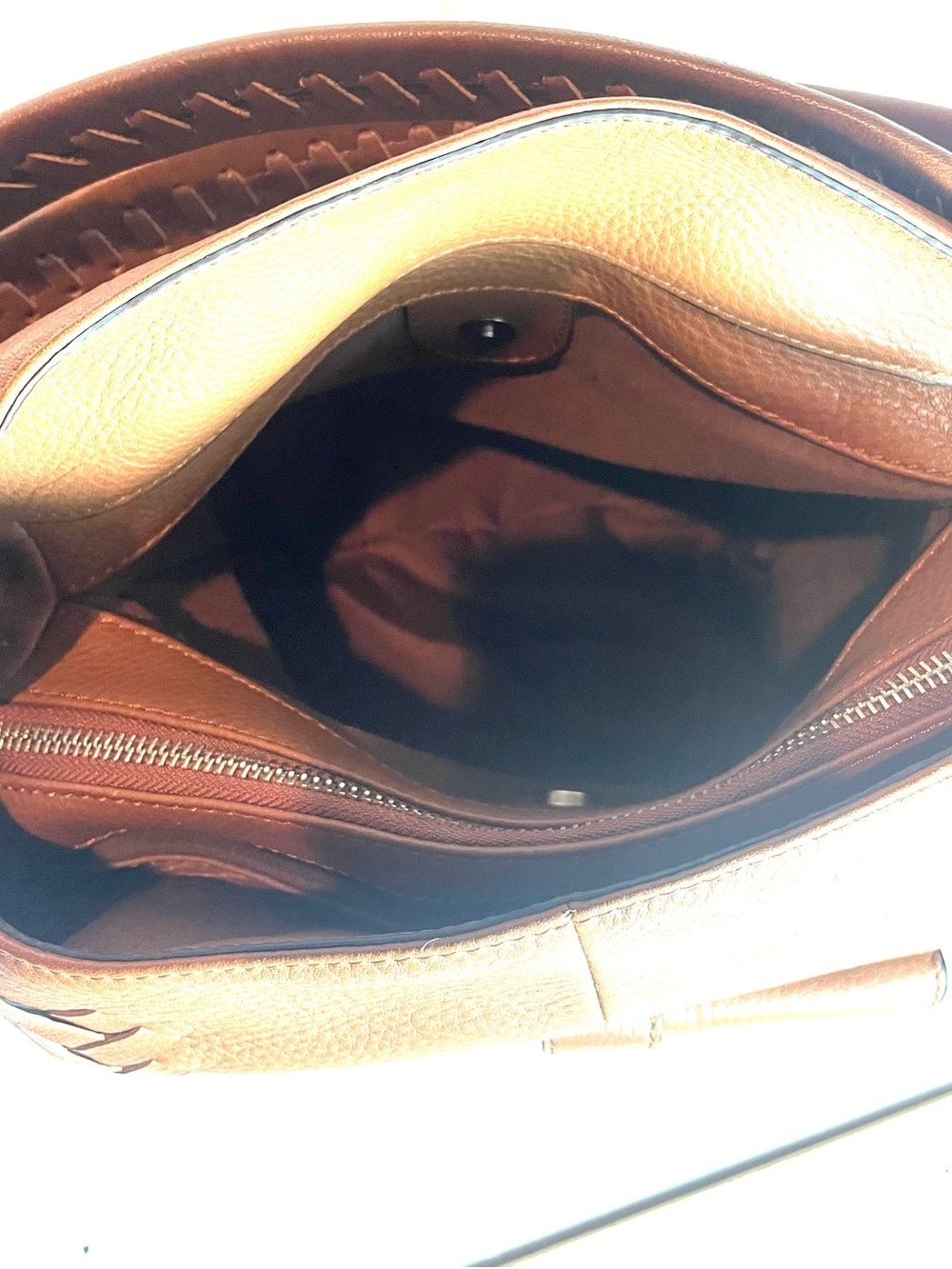 Jessica Simpson Cognac Faux Pebbled Leather Woven Boho Satchel Handbag - Picture 7 of 16